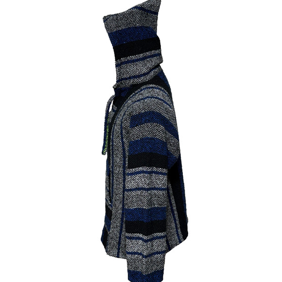 Baja Hoodie Mens Medium Blue Black Striped Drug Rug Tapestry Pullover Hippie - Picture 6 of 8